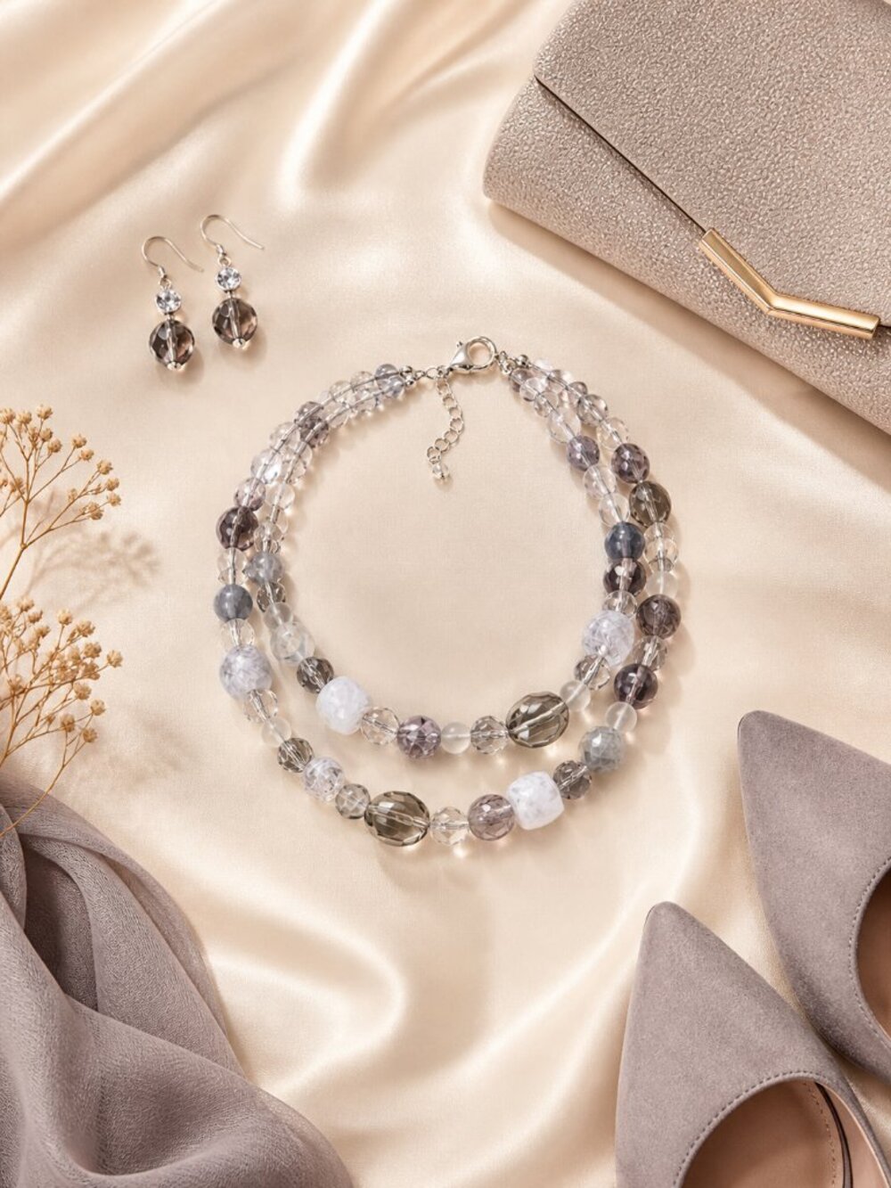 Gray Mixed Bead Chunky Double Stranded Statement Necklace